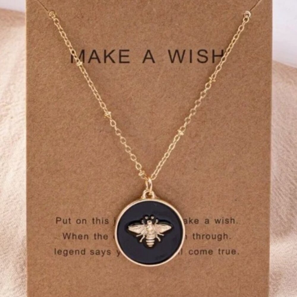 Bumble Bee Charm Necklace Black & Gold Pendent Necklace Make A Wish NWT Adorable